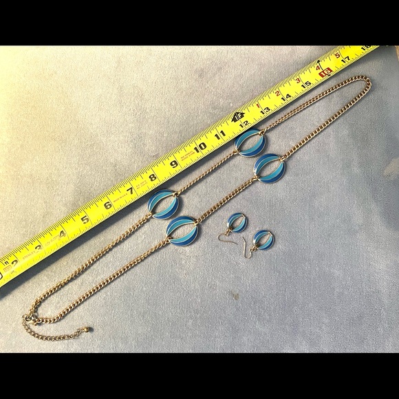 Necklace Set with Matching Earrings, Blue, Turquoise, Gold - Picture 3 of 3